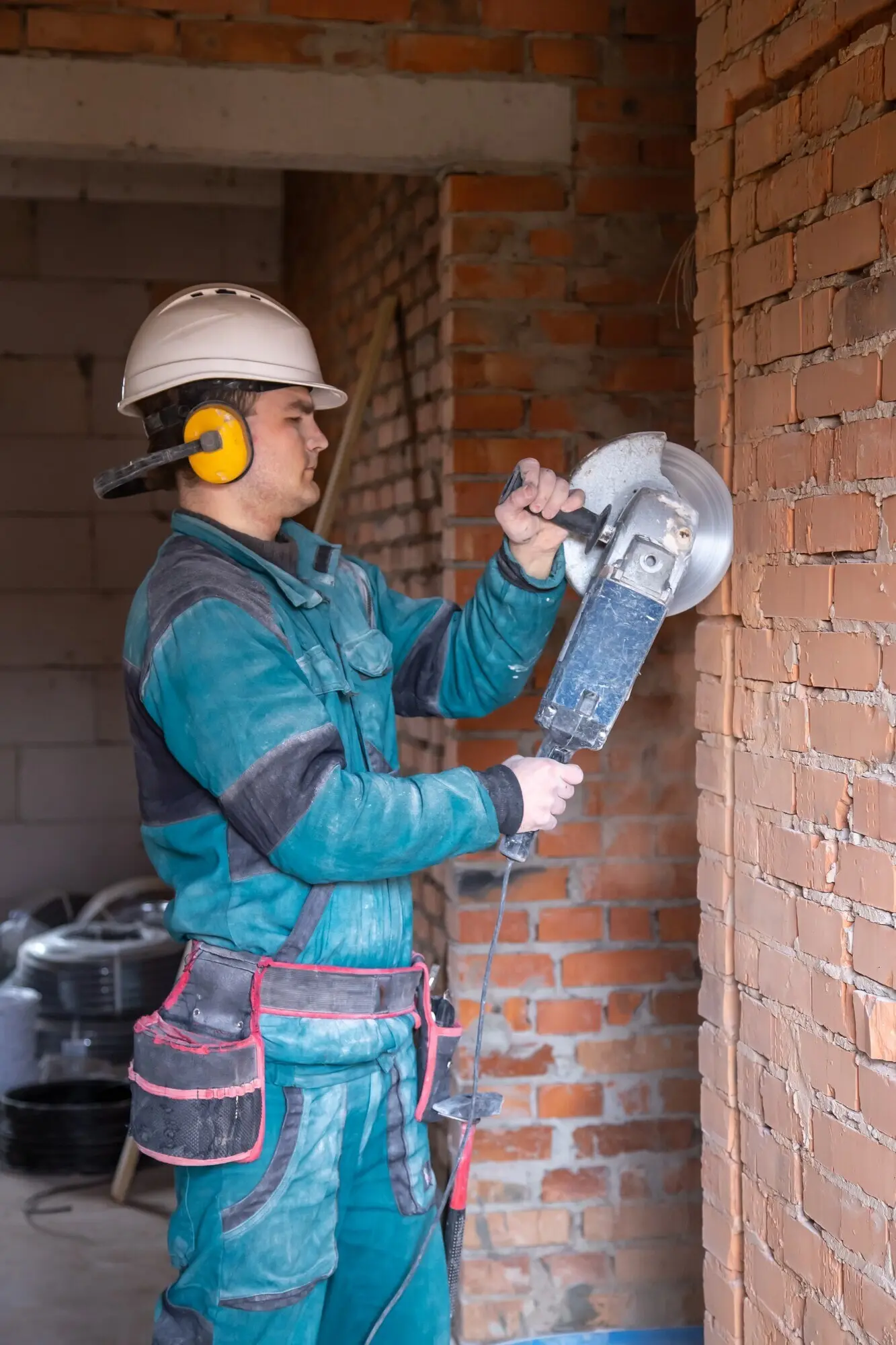 An electrician construction worker wearing a protective helmet operates a grinder at a work facility.